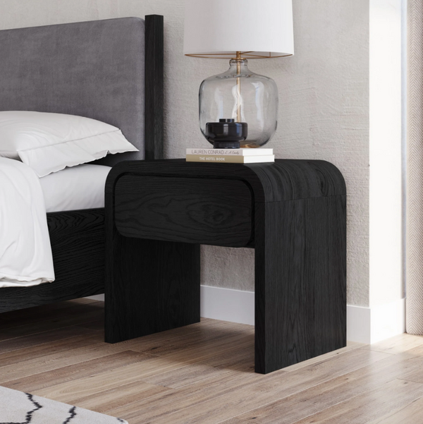 Modern Black 1-Drawer Nightstand | Waterfall Edge Bedside Table with Wood Grain