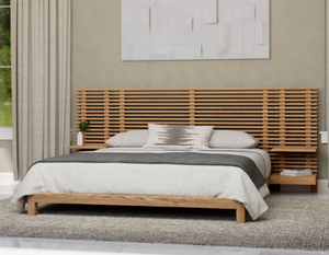 Modern Scandinavian Solid Wood Bed Frame | Slat Wall Bed with Floating Bedside Tables