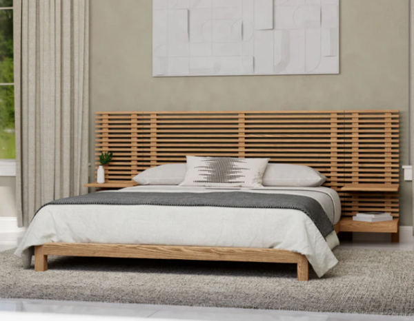 Modern Scandinavian Solid Wood Bed Frame | Slat Wall Bed with Floating Bedside Tables