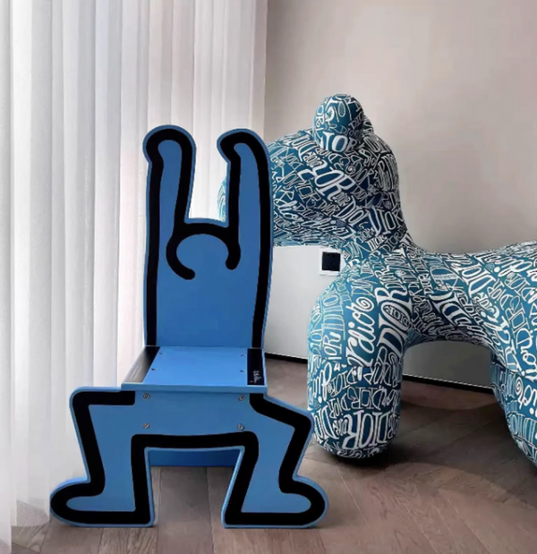 Iconic Pop Art Figure Accent Chair | Blue Keith Haring Inspired Modern Sculptural Chair