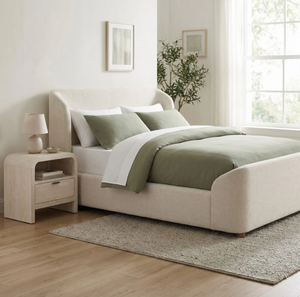 Modern Beige Curved Upholstered Platform Bed | Soft Wingback Headboard Bed Frame