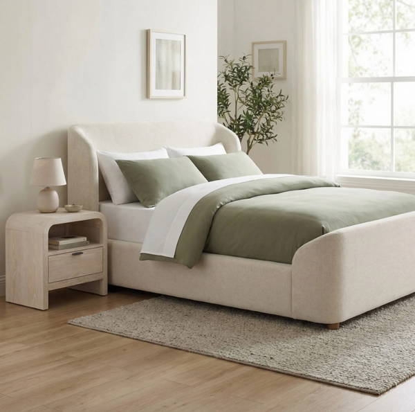 Modern Beige Curved Upholstered Platform Bed | Soft Wingback Headboard Bed Frame