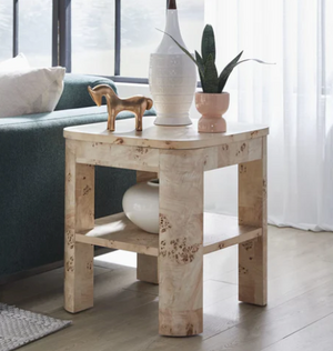 Modern Mappa Burl Wood Side Table with Open Shelf | Rounded Edge Side Table