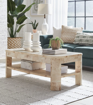 Modern Mappa Burl Wood Coffee Table with Storage Shelf | Rounded Corner Center Table