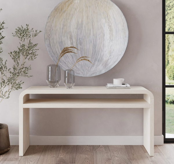 Modern White Oak Console Table with Waterfall Edge | 2-Tier Minimalist Entryway Table