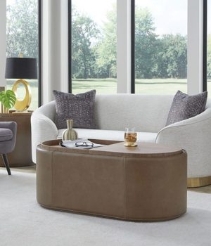 Modern Oval Leather Storage Ottoman Coffee Table with Removable Walnut Trays