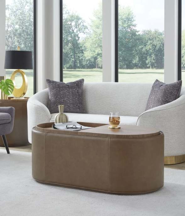 Modern Oval Leather Storage Ottoman Coffee Table with Removable Walnut Trays