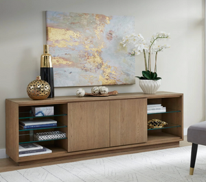 Modern Oak Wood Sideboard with Sliding Doors and Adjustable Glass Shelving