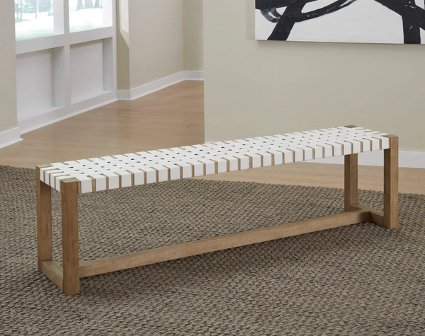 Modern Woven Entryway Bench with Solid Wood Frame, White Strapping Bed End Bench for Bedroom and Hallway