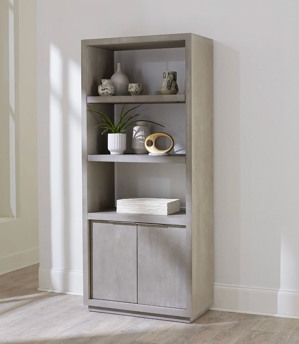 Contemporary Grey Wood Etagere Display Shelf - Sleek Minimalist Bookcase for Home Office