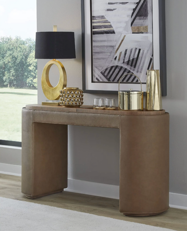 Modern Leather-Wrapped Console Table with Recessed Walnut Wood Tray Top