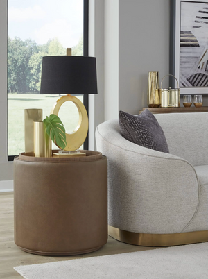 Modern Round Leather Storage Ottoman with Removable Walnut Wood Tray Top