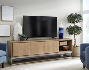 Modern Oak Sideboard with Brushed Metal Base and Open Glass Shelf Niche