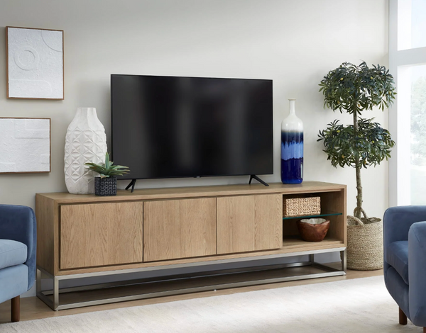 Modern Oak Sideboard with Brushed Metal Base and Open Glass Shelf Niche