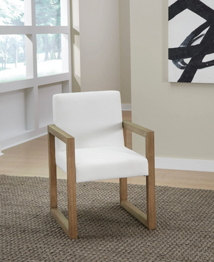 Modern Solid Wood Dining Armchair with White Linen Upholstery