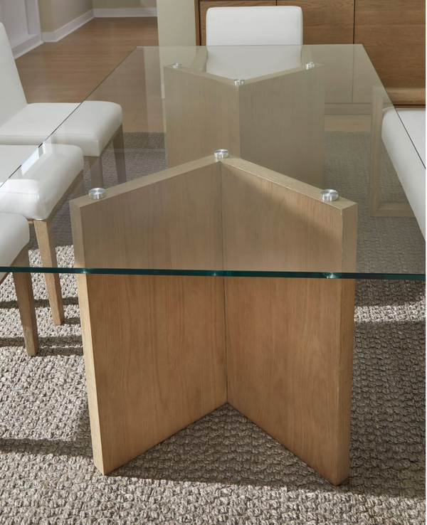 Modern Rectangular Glass Dining Table with Solid Wood V-Shaped Base