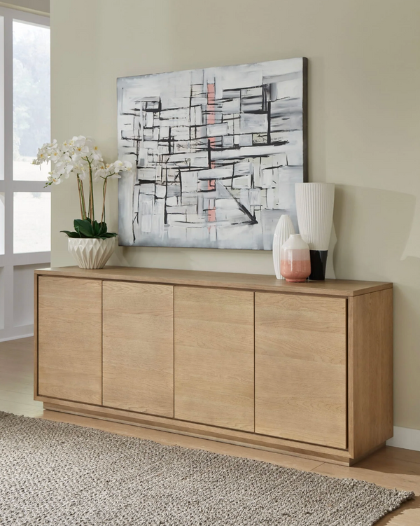 Modern 4-Door Solid Wood Sideboard - Large Oak Finish Buffet Cabinet with Minimalist Plinth Base - Contemporary Credenza for Dining & Living Room