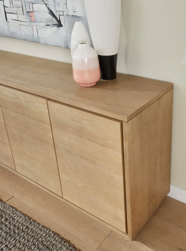 Modern 4-Door Solid Wood Sideboard - Large Oak Finish Buffet Cabinet with Minimalist Plinth Base - Contemporary Credenza for Dining & Living Room