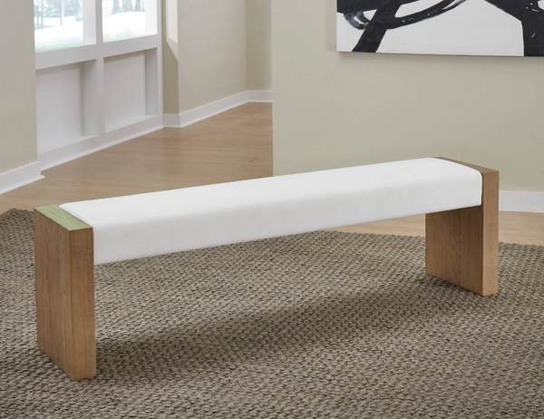 Modern Upholstered Entryway Bench with Solid Wood Slab Legs, Minimalist White Linen Bed End Bench for Bedroom & Hallway