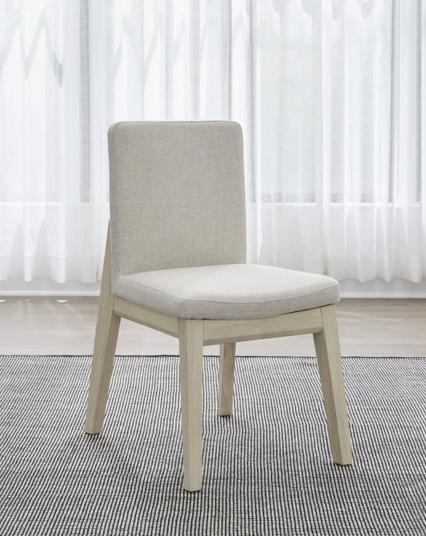 Modern Scandi Upholstered Dining Chair with Solid Wood Legs, Beige Linen Fabric Armless Side Chair for Dining Room & Kitchen