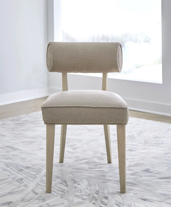 Modern Oatmeal Upholstered Dining Chair with Curved Backrest | Scandi Wood Leg Side Chair