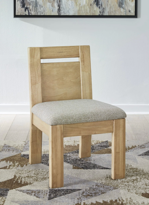 Modern Natural Wood Dining Chair with Textured Fabric Seat | Minimalist Side Chair