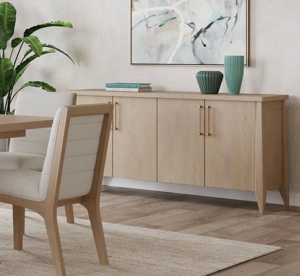 Modern Natural Oak 4-Door Sideboard with Tapered Legs and Brass Handles