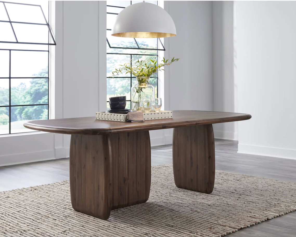 Modern Walnut Solid Wood Dining Table with Sculptural Ribbed Pedestal