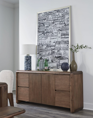 Mid-Century Modern Solid Wood Sideboard - Curved Edge Credenza with 4 Drawers & 2 Doors Media Console
