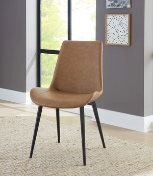 Mid-Century Modern Tan Faux Leather Dining Chair with Tapered Black Metal Legs