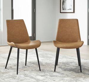 Mid-Century Modern Tan Faux Leather Dining Chair with Tapered Black Metal Legs