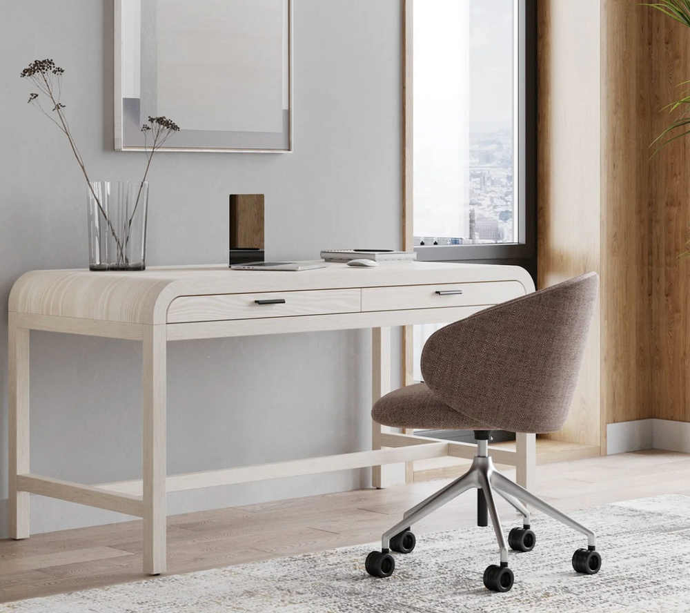 Modern Whitewashed Oak Writing Desk with Rounded Edges and 2 Drawers