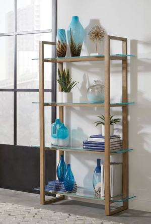Modern Natural Wood 4-Tier Etagere with Floating Tempered Glass Shelves