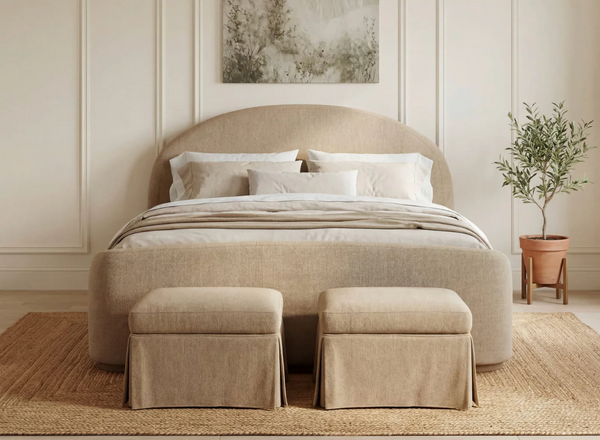 Minimalist Sand-Toned Fabric Bed with Arched Headboard - Contemporary Luxury Bedroom Furniture