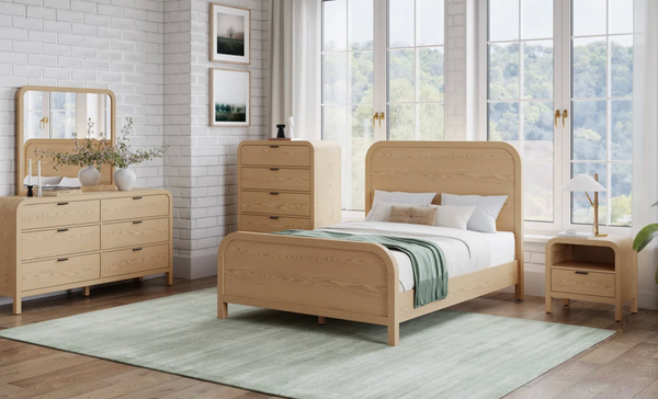 Scandinavian Wood Bed  - Minimalist Platform Bed with Curved Headboard & Footboard - Modern Japandi Style Bedroom Furniture