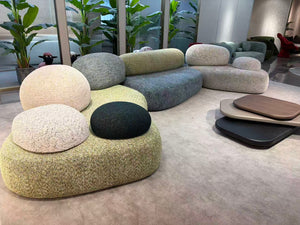 Modern Pebble Modular Sofa – Organic Shaped Bouclé Sectional – Earth Tone Stone-Inspired Living Room Landscape