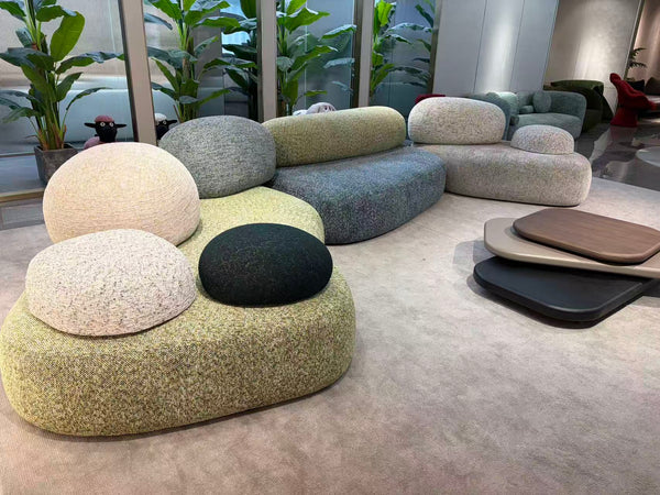 Modern Pebble Modular Sofa – Organic Shaped Bouclé Sectional – Earth Tone Stone-Inspired Living Room Landscape