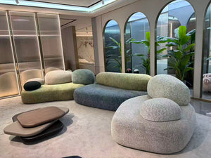 Modern Pebble Modular Sofa – Organic Shaped Bouclé Sectional – Earth Tone Stone-Inspired Living Room Landscape