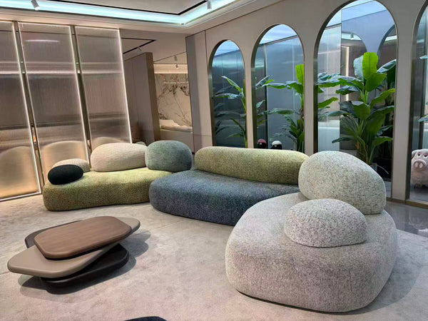 Modern Pebble Modular Sofa – Organic Shaped Bouclé Sectional – Earth Tone Stone-Inspired Living Room Landscape