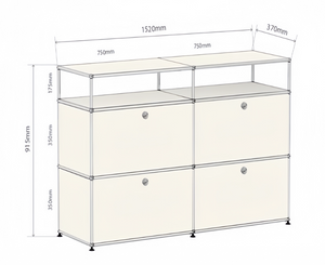 Modern Modular Sideboard Cabinet – Chrome Frame Storage Unit with 4 Drop-Down Doors – Industrial Chic Media Console