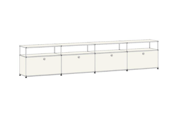 Modern Modular Lowboard TV Stand – 4-Bay Chrome Frame Media Console – Industrial Metal Sideboard with Drop-Down Doors