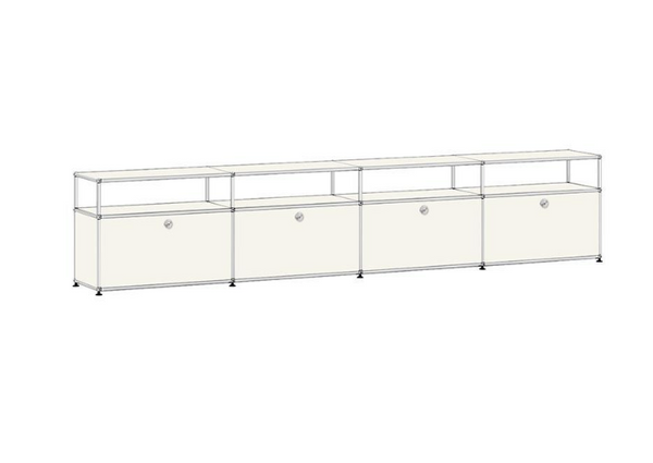 Modern Modular Lowboard TV Stand – 4-Bay Chrome Frame Media Console – Industrial Metal Sideboard with Drop-Down Doors