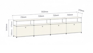Modern Modular Lowboard TV Stand – 4-Bay Chrome Frame Media Console – Industrial Metal Sideboard with Drop-Down Doors