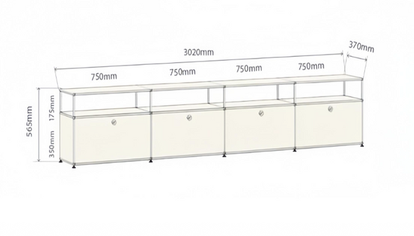 Modern Modular Lowboard TV Stand – 4-Bay Chrome Frame Media Console – Industrial Metal Sideboard with Drop-Down Doors