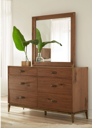 Mid-Century Modern 6-Drawer Dresser – Walnut Finish Wood Bedroom Chest – Industrial Metal Base Storage Sideboard