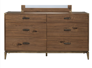 Mid-Century Modern 6-Drawer Dresser – Walnut Finish Wood Bedroom Chest – Industrial Metal Base Storage Sideboard