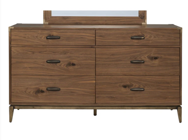 Mid-Century Modern 6-Drawer Dresser – Walnut Finish Wood Bedroom Chest – Industrial Metal Base Storage Sideboard