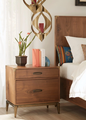 Modern Walnut 2-Drawer Nightstand – Industrial Bedside Table with Metal Accents – Mid-Century Modern Bedroom End Table