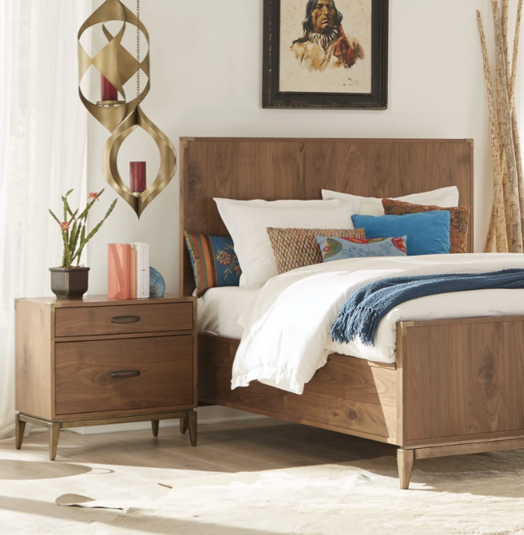 Modern Walnut 2-Drawer Nightstand – Industrial Bedside Table with Metal Accents – Mid-Century Modern Bedroom End Table