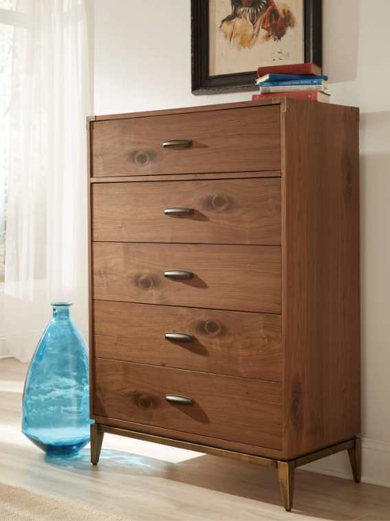 Modern Walnut 2-Drawer Nightstand – Industrial Bedside Table with Metal Accents – Mid-Century Modern Bedroom End Table